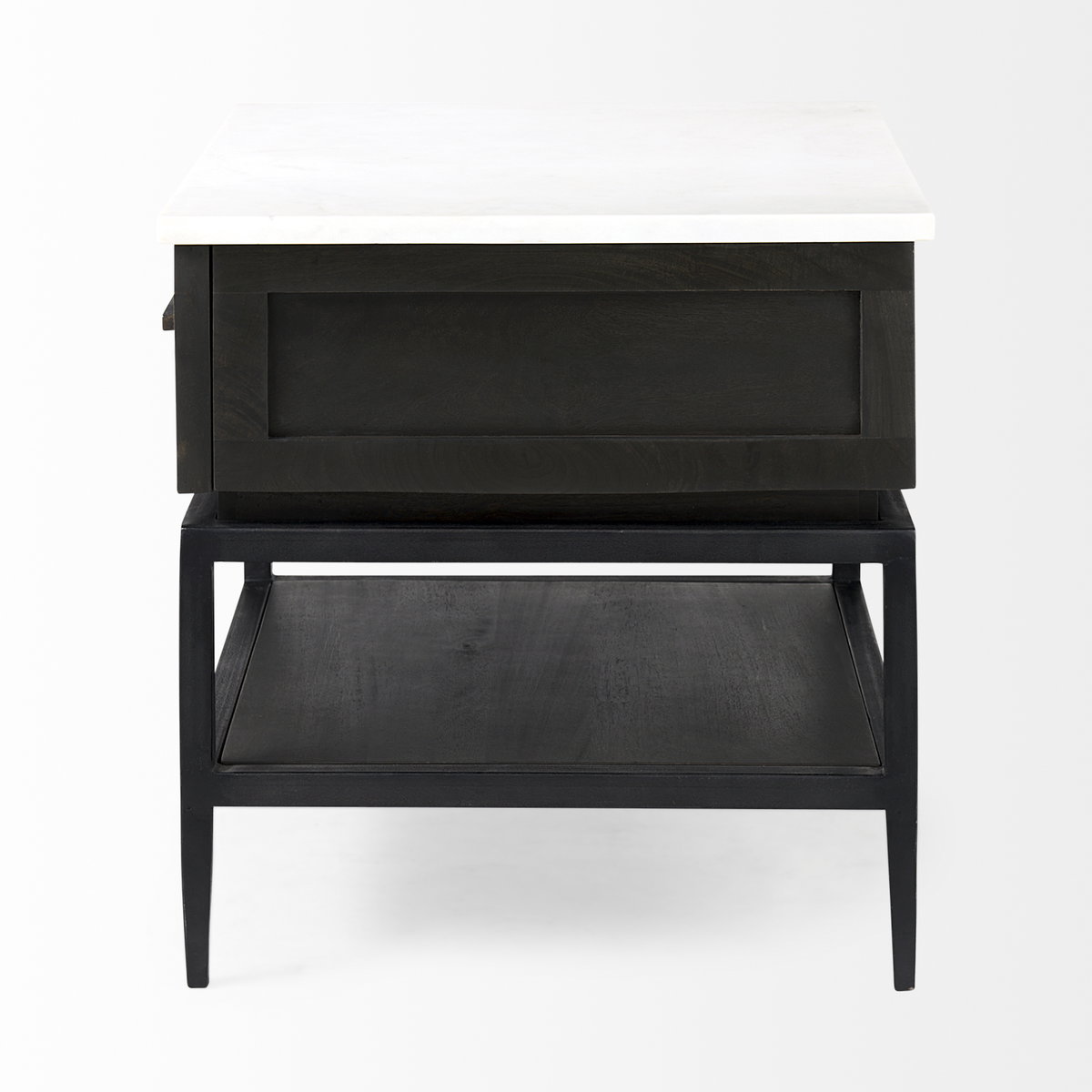 Divina Black-Brown Wood with White Marble Top and Black Metal Base 1 Drawer Side Table, Side & End Table by Mercana, 22" length x 22" width x 22" height View 7