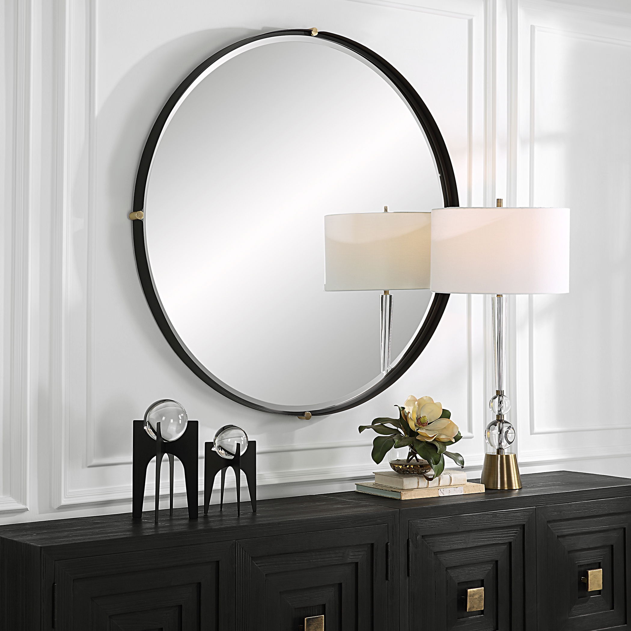 Bonded Round Black Mirror, by Uttermost, 48.87" width x 48.87" height x 2.37" depth View 2