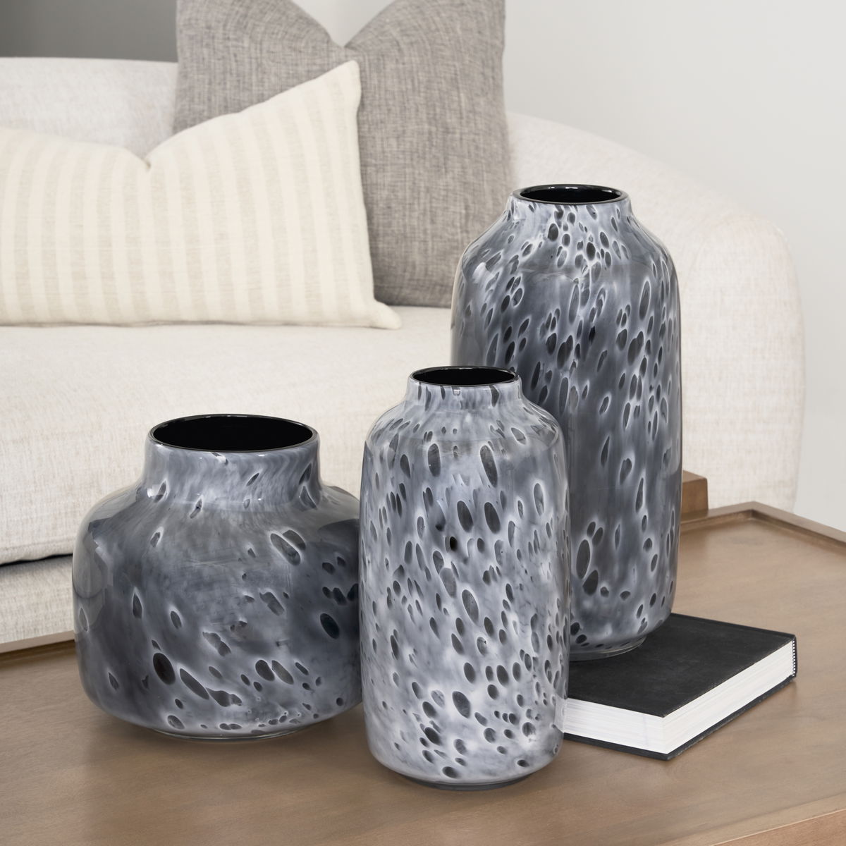 Masai Medium Black Mottled Glass Vase, by Mercana, 6.5" length x 6.5" width x 12.4" height View 2