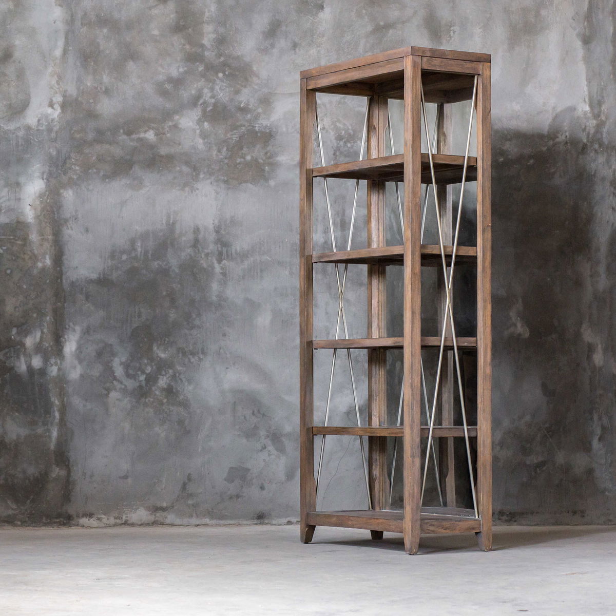 Delancey Weathered Oak Etagere, Shelving & Bookcase by Uttermost, 36" width x 90" height x 18" depth View 2