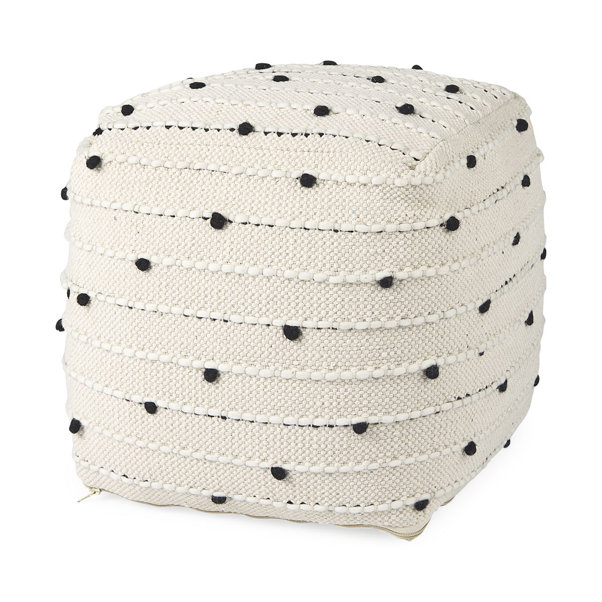 Amaira  Cream/Black/White patterned Wool and Cotton Pouf, Ottoman by Mercana, 16" length x 16" width x 16" height View 1