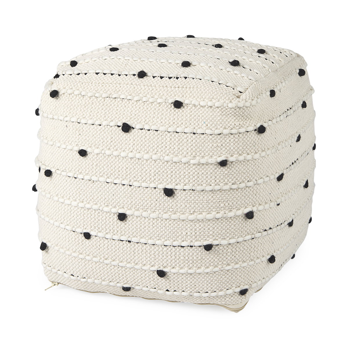 Amaira  Cream/Black/White patterned Wool and Cotton Pouf, Ottoman by Mercana, 16" length x 16" width x 16" height View 1