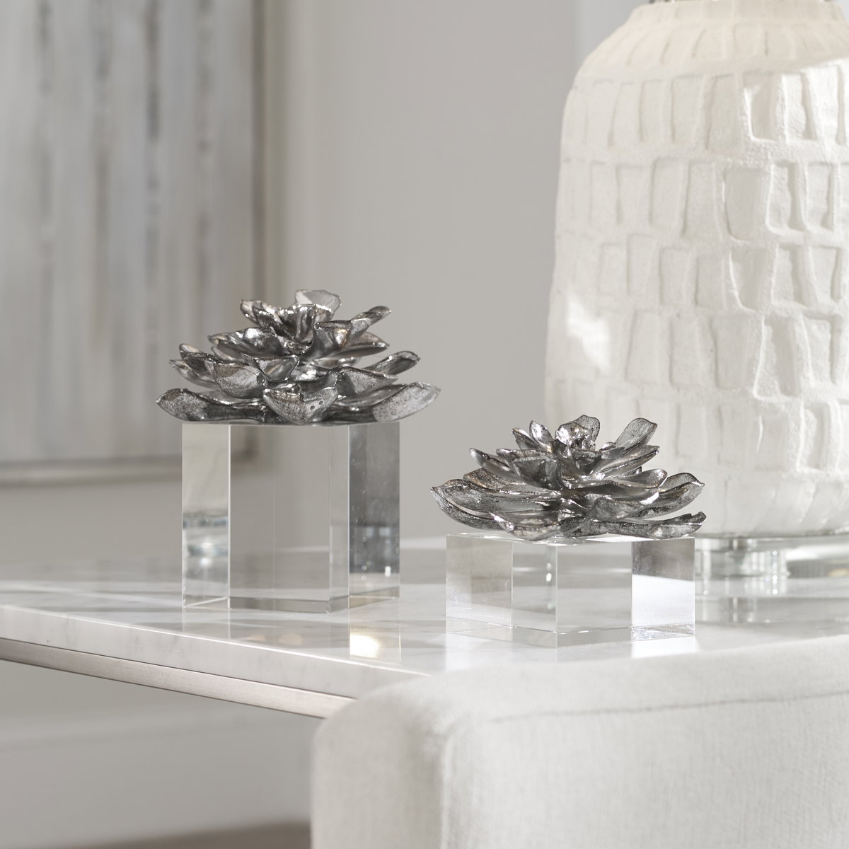 Indian Lotus Metallic Silver Flowers Set/2, Decorative by Uttermost, 6.25" width x 7" height x 6.25" depth View 2