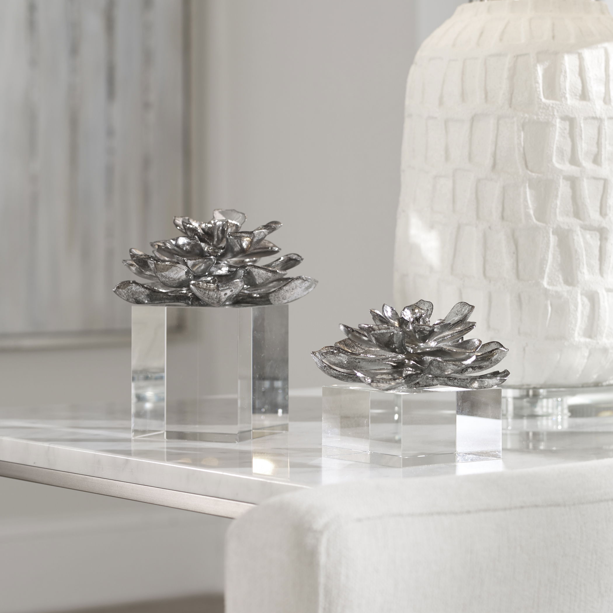 Indian Lotus Metallic Silver Flowers Set/2 large image 