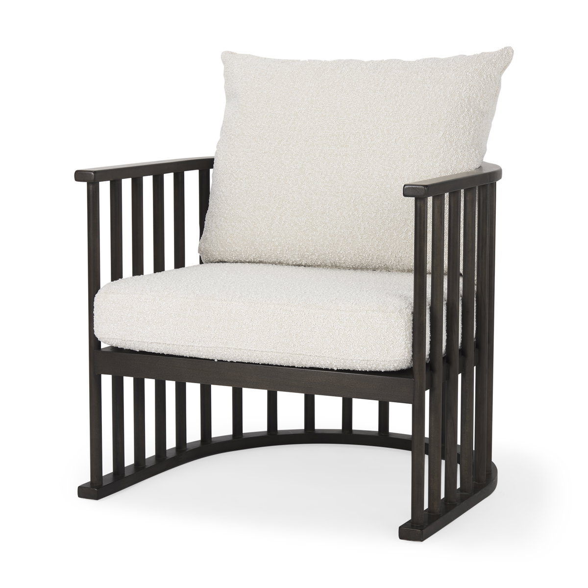 Kopari 30.1L x 30.5W x 37.2H White Boucle Fabric with Dark Brown Wood Accent Chair, by Mercana, 28.35" length x 27.56" width x 33" height View 1