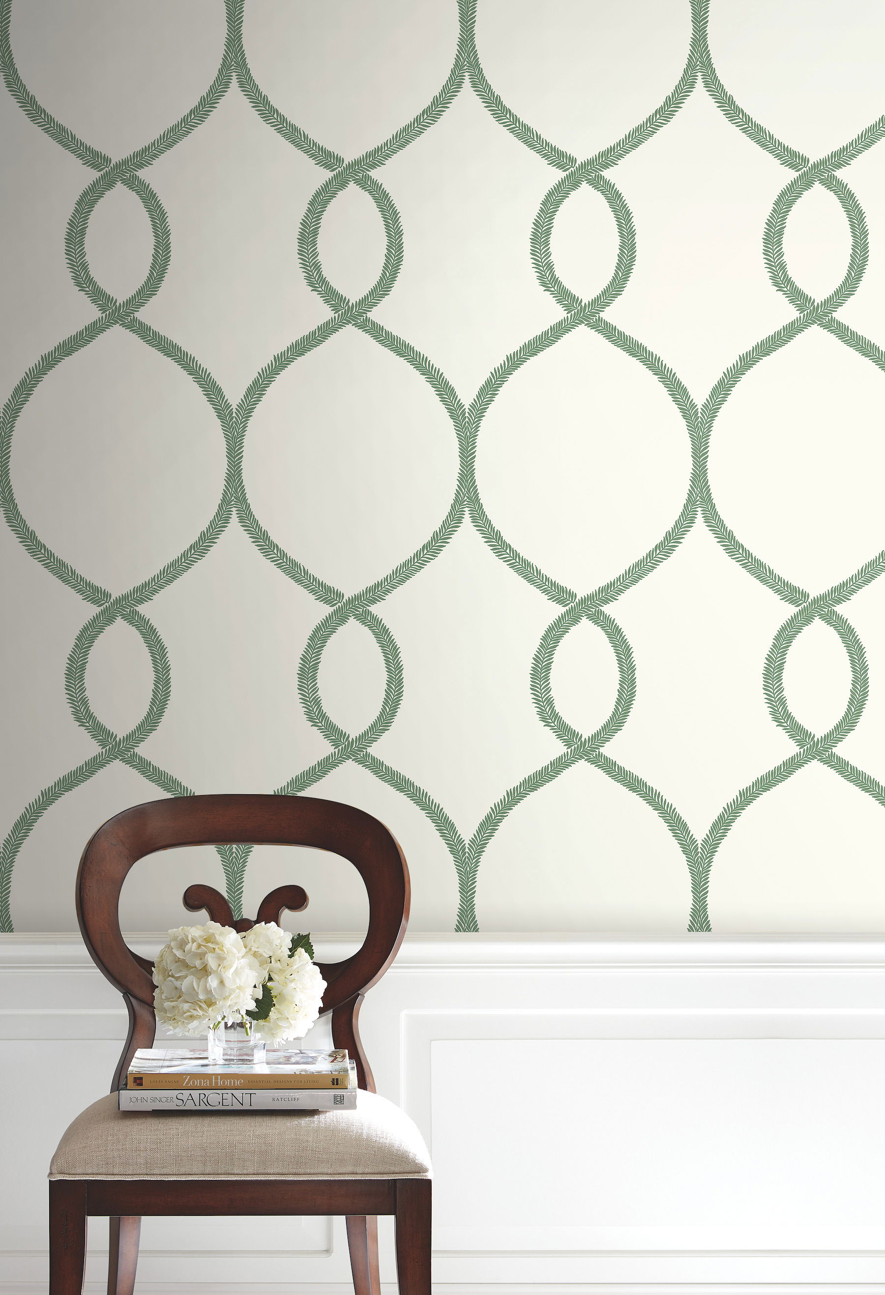 Laurel Leaf Ogee Green Wallpaper large image 