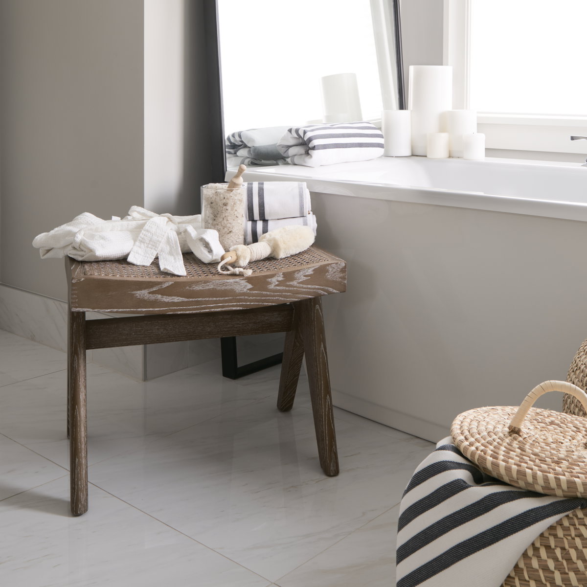 Arvin  Medium Brown Wooden Stool, Benche by Mercana, 21.65" length x 17.72" width x 18.11" height View 2