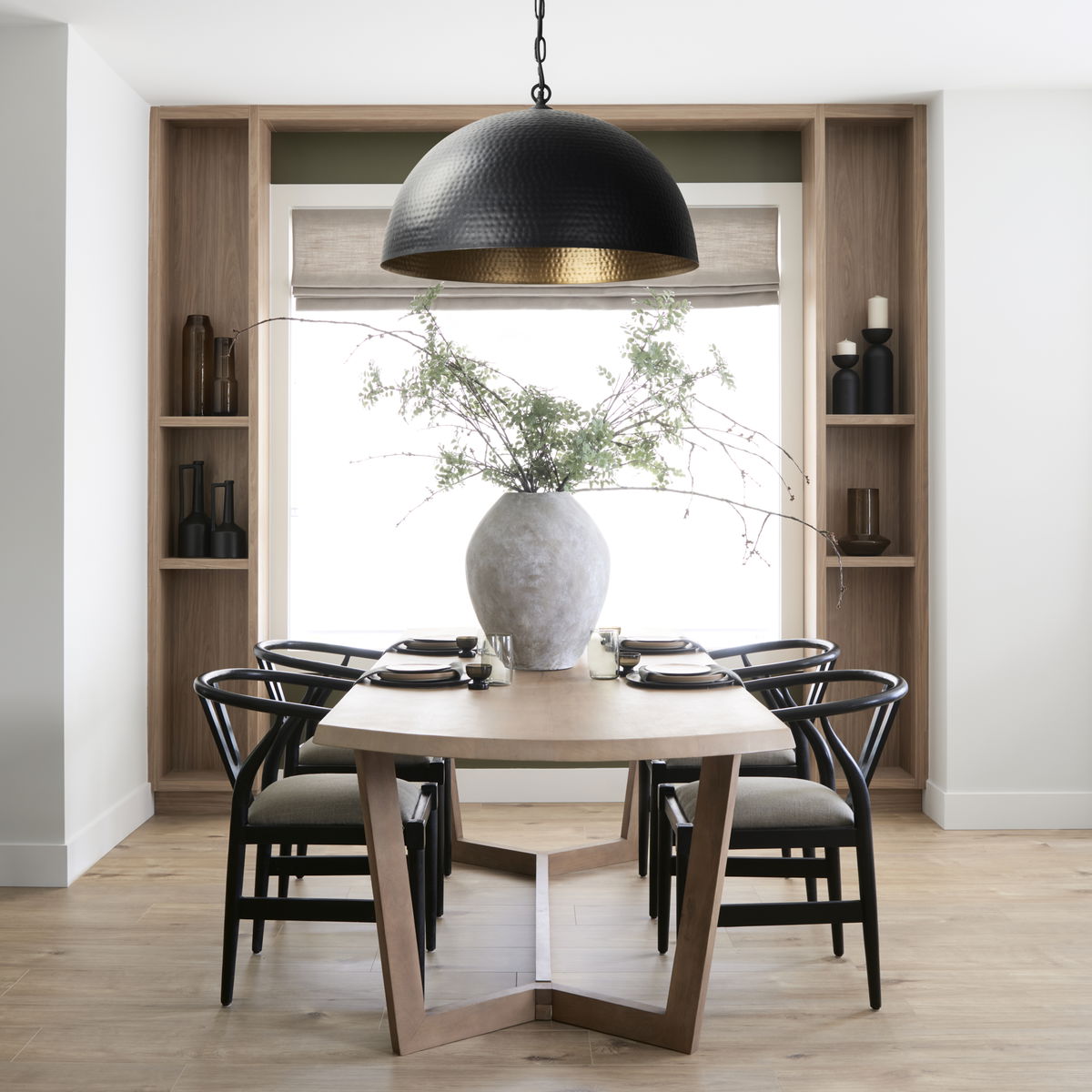 Karina 36' Round Matte Black Hammered Metal Dome Pendant Light, by Mercana, 36" length x 36" width x 21" height View 2