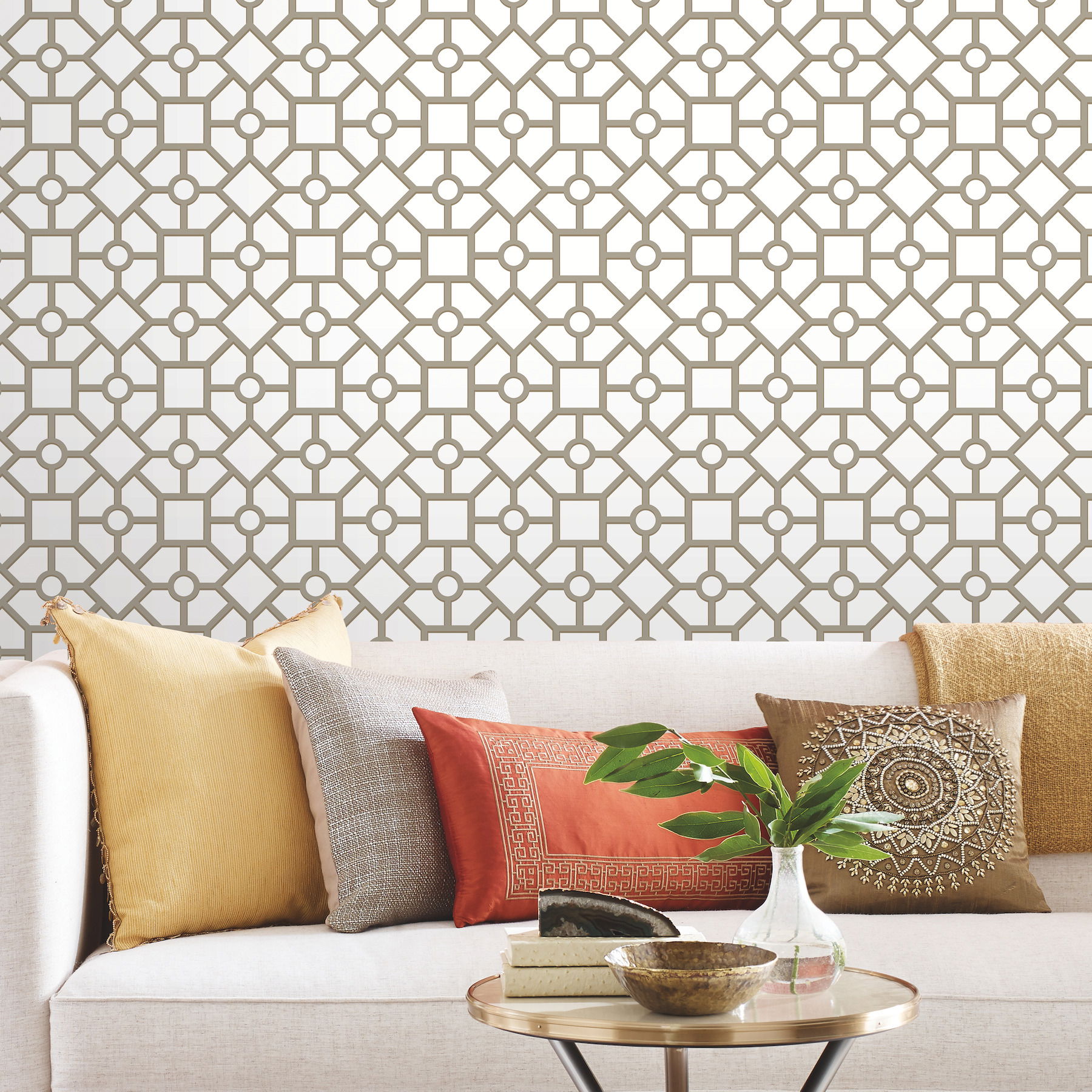 Hedgerow Trellis Taupe & Gold Peel & Stick Wallpaper, by York Wall, 20' length x 1'8.5" width x 0.02" depth View 3