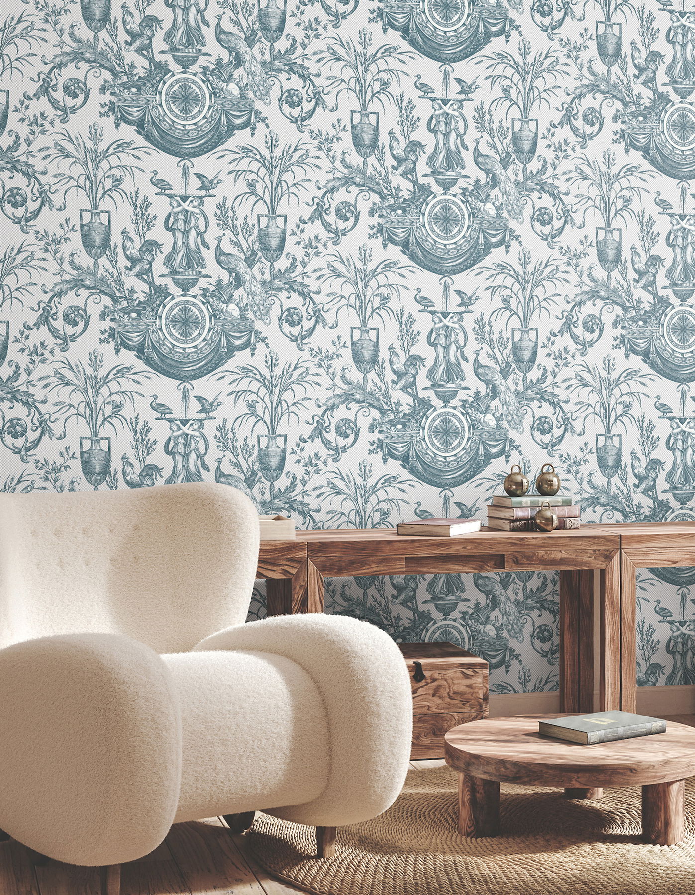 Avian Fountain Toile Jade Wallpaper large image 