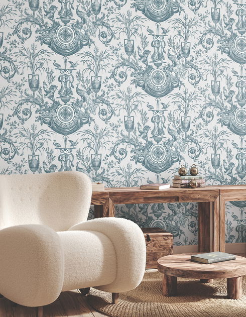Avian Fountain Toile Jade Wallpaper
