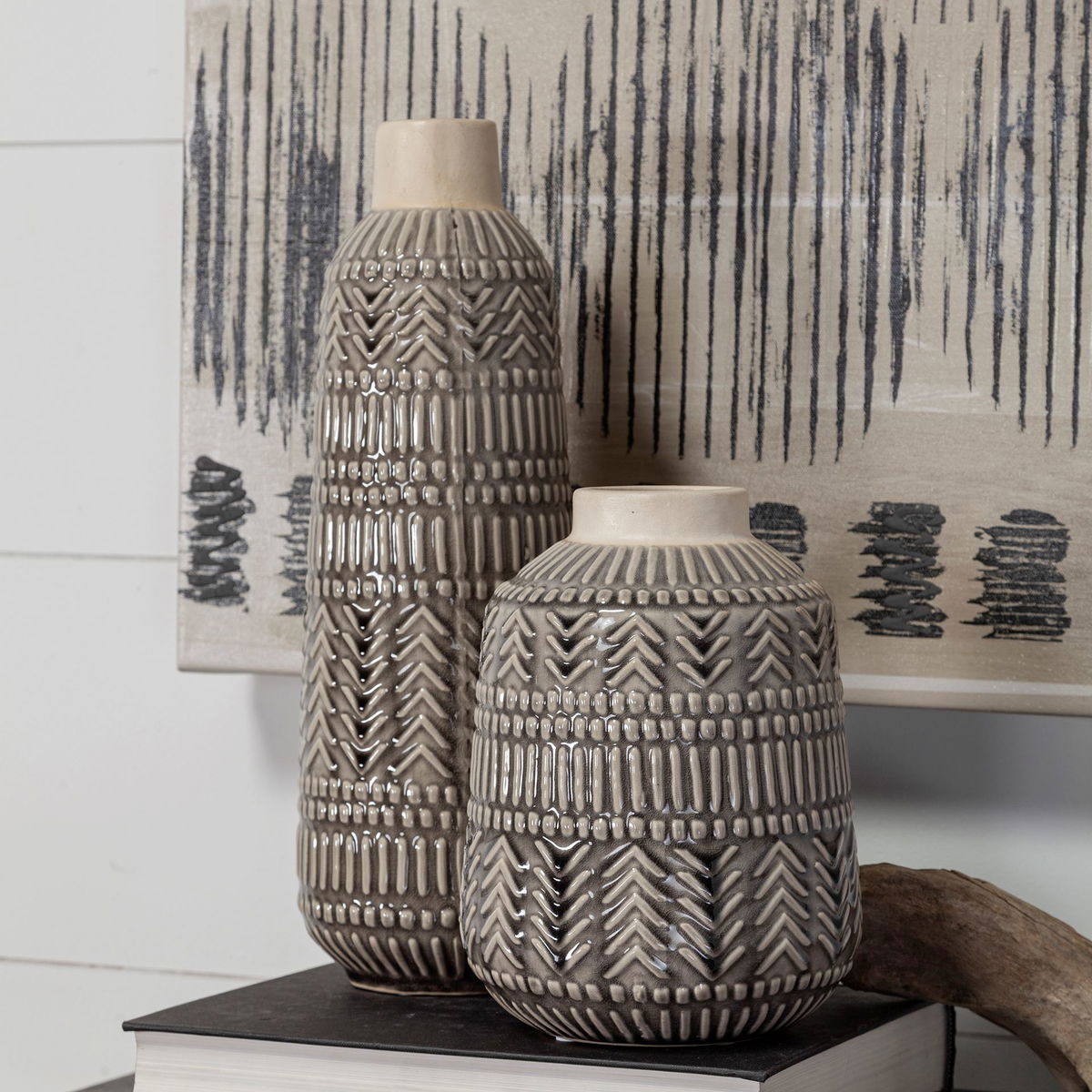 Riker III Large Dark Gray Cream Ceramic Vase, by Mercana, 5.12" length x 5.12" width x 14.17" height View 4