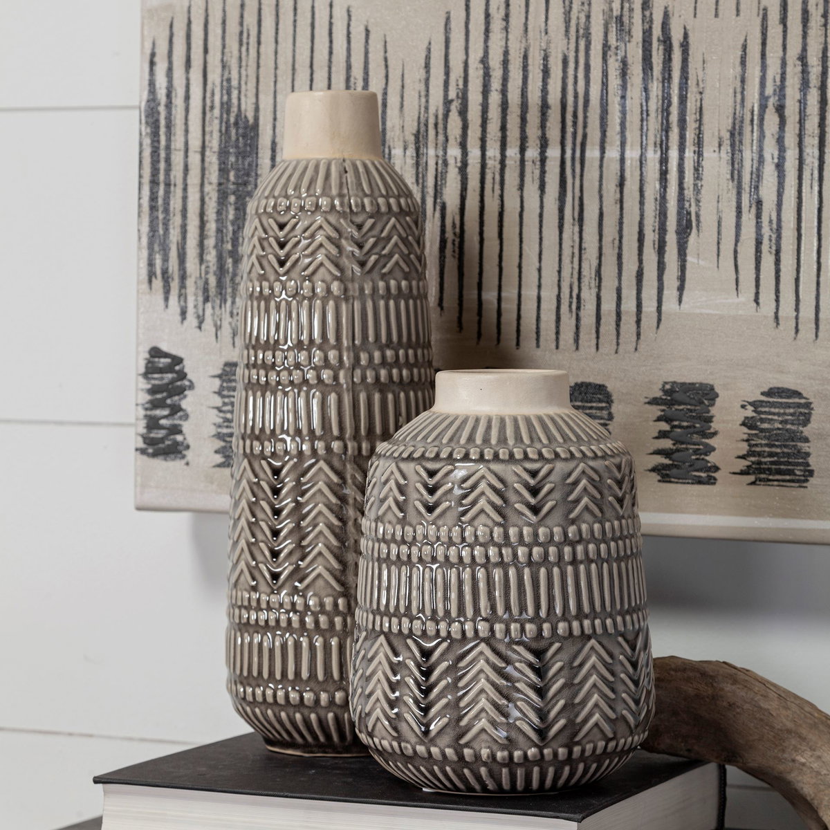 Riker III Large Dark Gray Cream Ceramic Vase, by Mercana, 5.12" length x 5.12" width x 14.17" height View 4