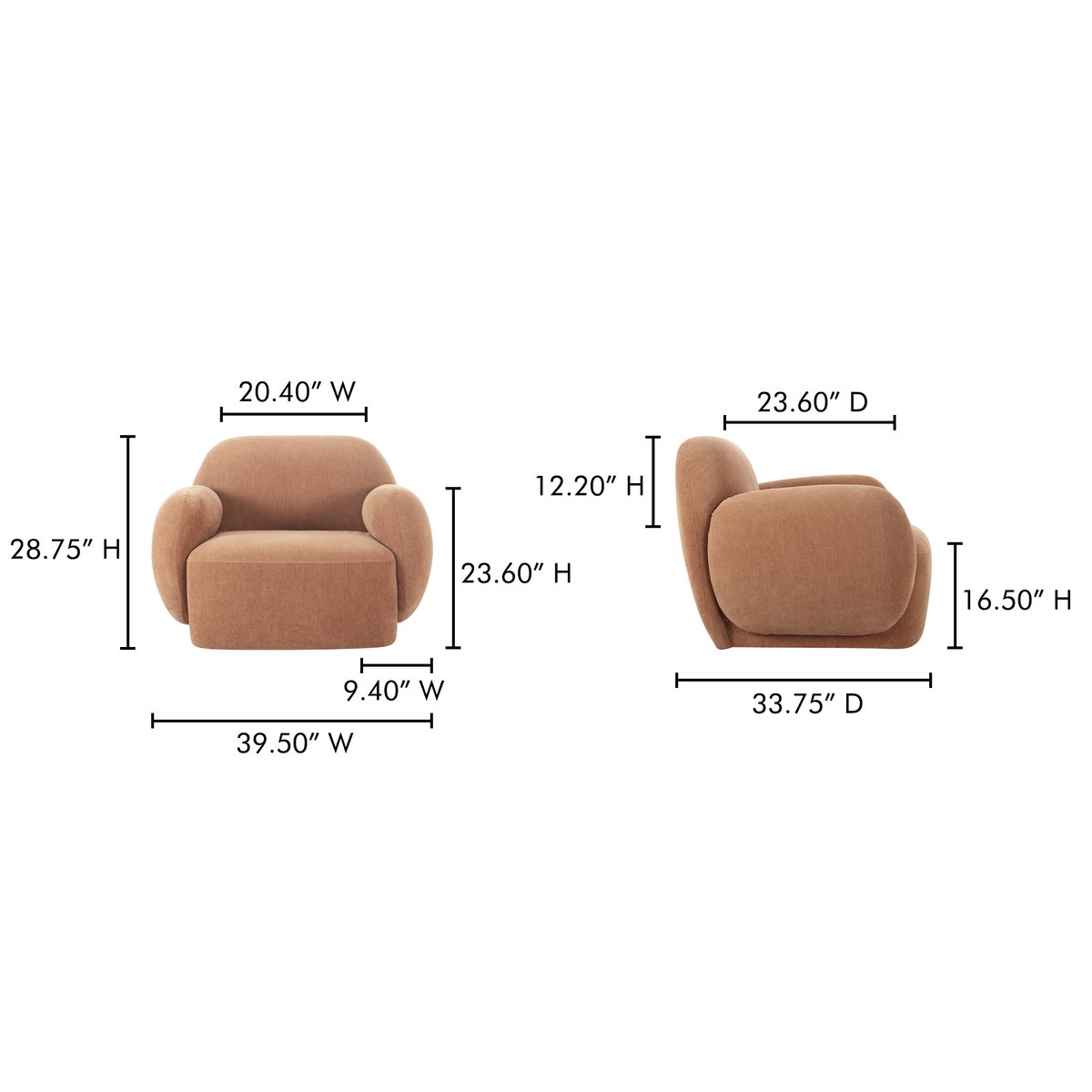 Hazel Lounge Chair Copper, Accent Chair by Moe's Home, 39.5" width x 28.75" height x 33.75" depth View 10