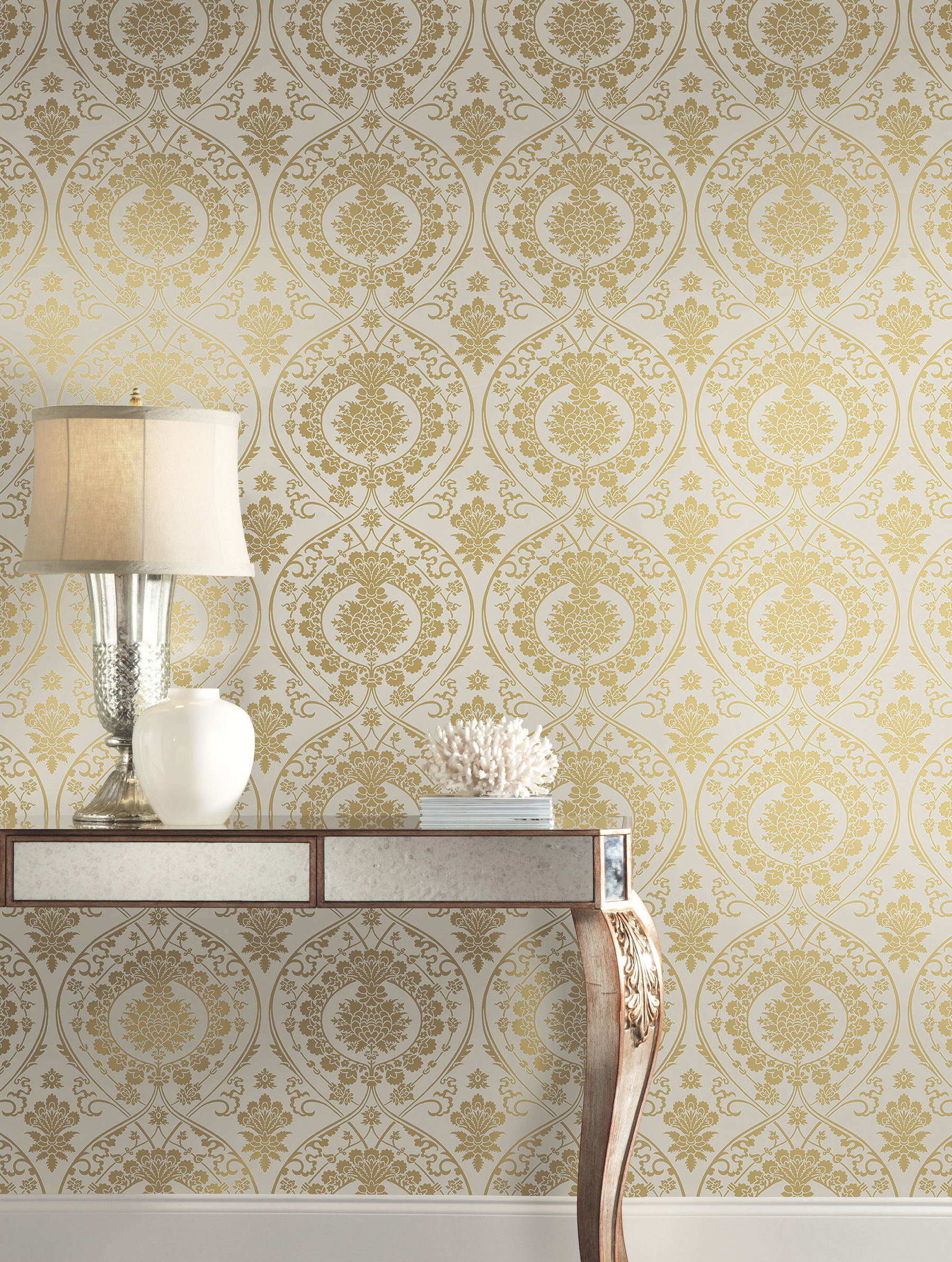 Imperial Damask Off White & Gold Wallpaper large image 