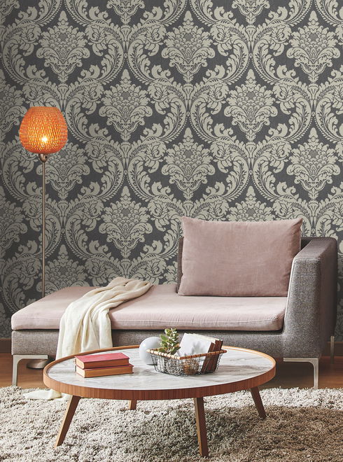 Tapestry Damask Dark Grey Wallpaper