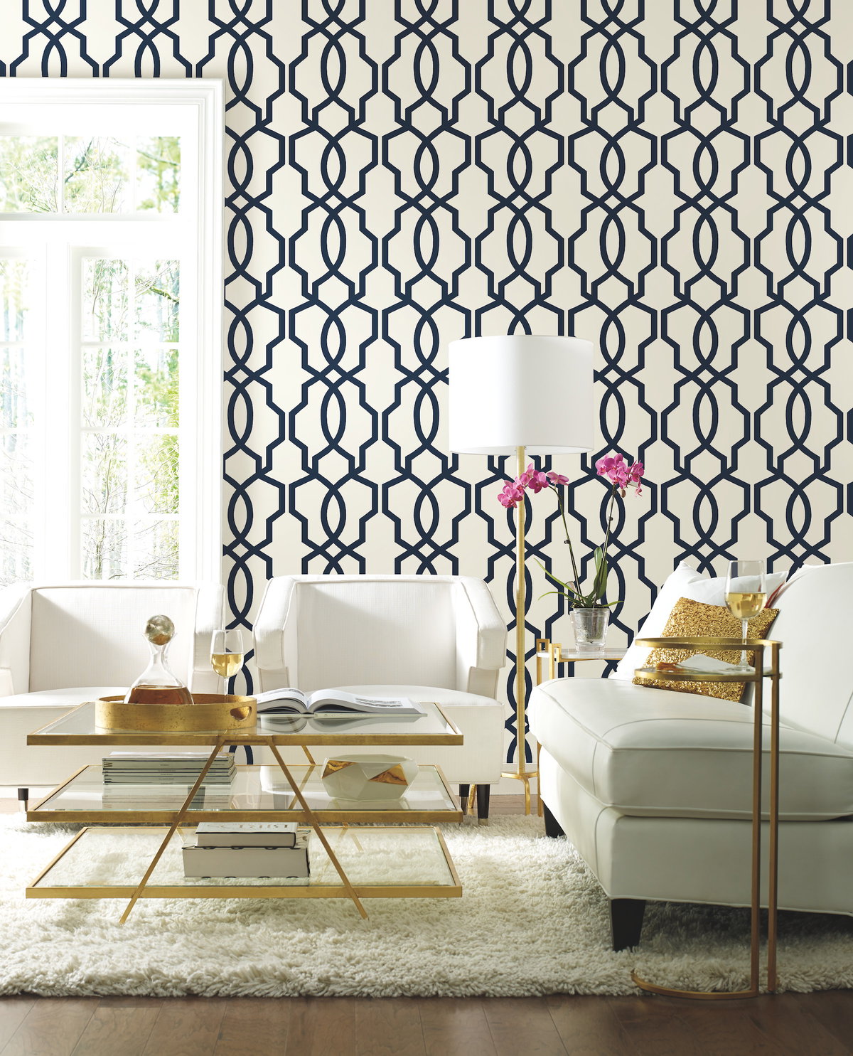 Hourglass Trellis Navy Wallpaper, by York Wall, 27' length x 2'3" width x 0.02" depth View 2