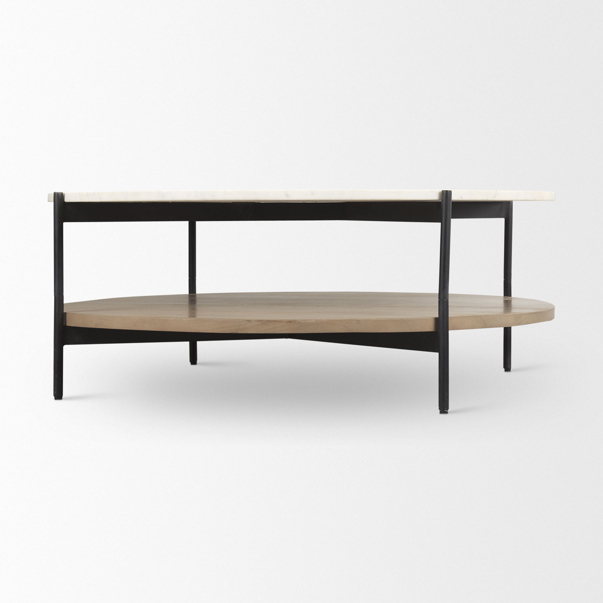 Larkin Marble Top with Brown Wood Shelf Round Coffee Table, by Mercana, 42" length x 42" width x 16" height View 5