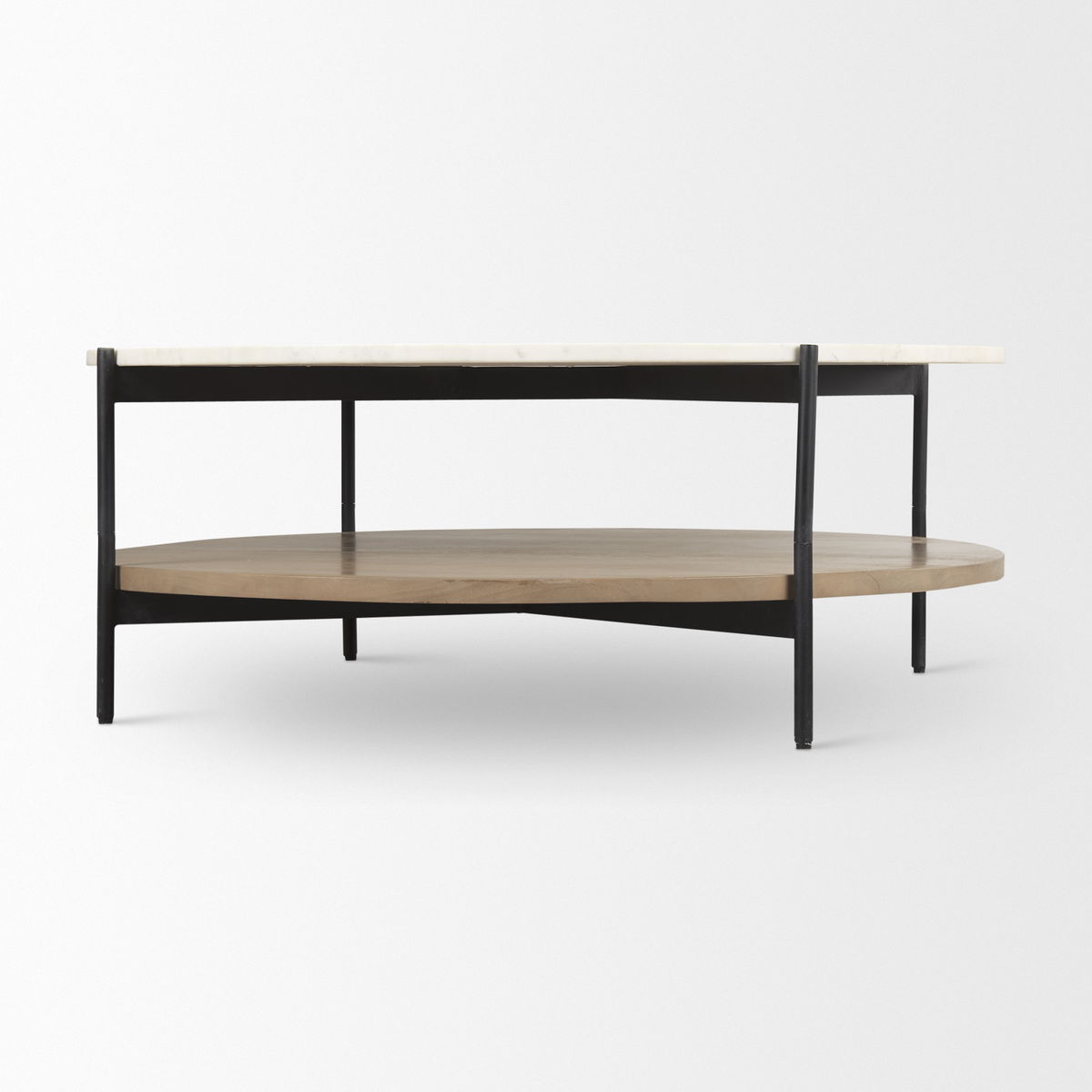 Larkin Marble Top with Brown Wood Shelf Round Coffee Table, by Mercana, 42" length x 42" width x 16" height View 5