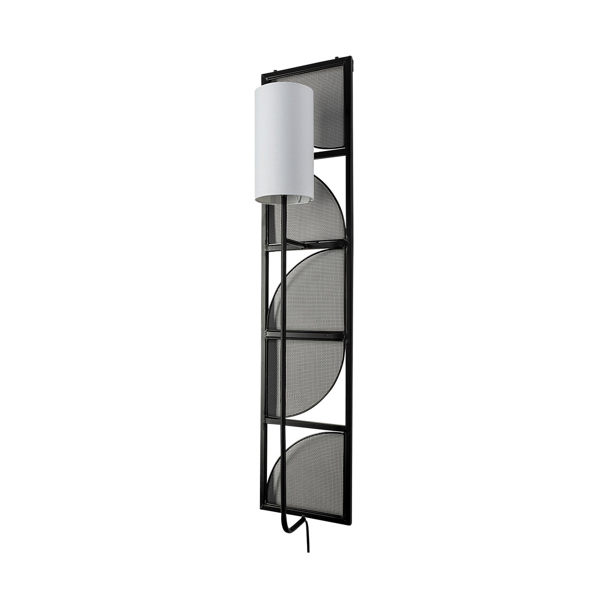 Navin 10x46.5 Black Metal Body White Fabric Shade Rectangular Wall Sconce, by Mercana, 10.04" length x 8.86" width x 46.85" height View 1