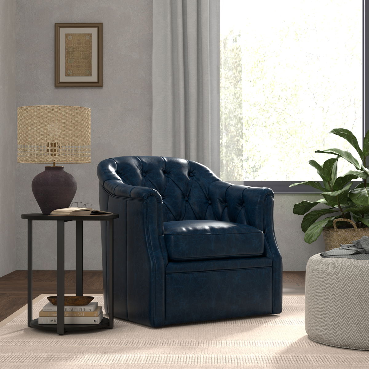 Coolidge Leather Swivel Chair  Blue, by Sarreid, 2'4" length x 2'6" width x 2'7" height View 14