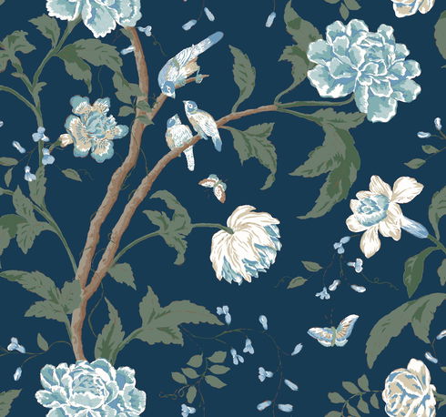 Teahouse Floral Navy Wallpaper