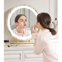 Online Designer Bathroom Vanity Mirror With LED Lights, HD Makeup Mirror With Touch Control/Color Lighting Modes, Round Desk Mirror,Rotation, For Bedroom Tabletop, Easy To Install (Gold)