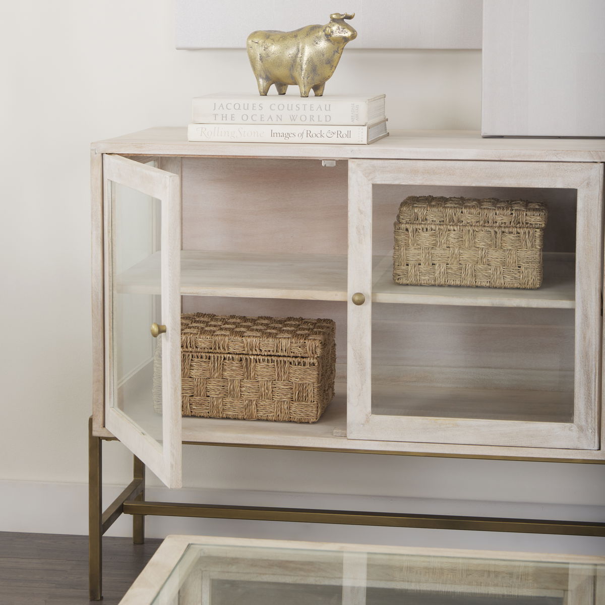Arelius 36L x 18W x 32H White Wood, Gold Metal Base with 2 Glass Doors Accent Cabinet, Cabinets & Chest by Mercana, 36" length x 18.75" width x 32" height View 2