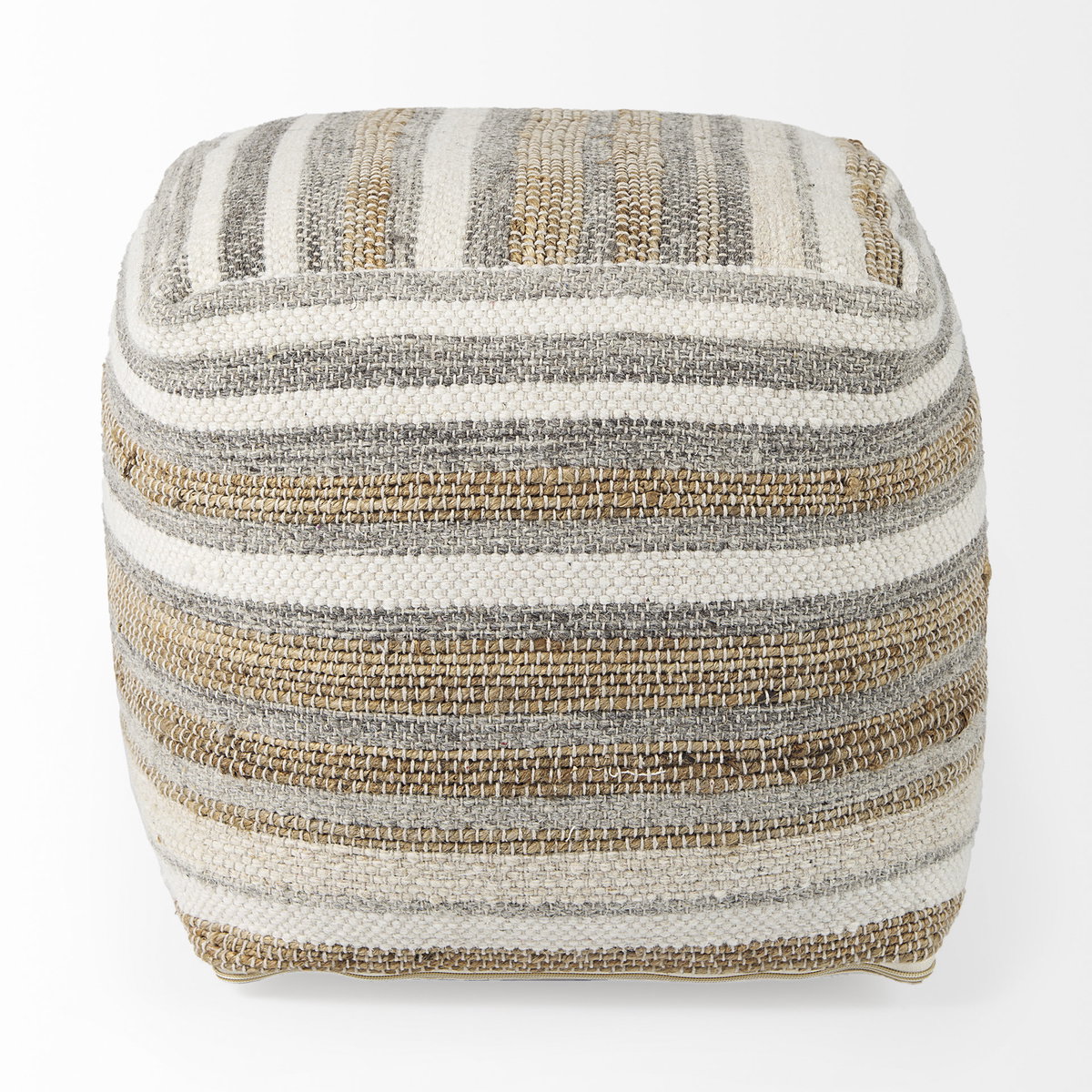 Aahana  White/Taupe/Gray Striped Hemp and Cotton Pouf, Ottoman by Mercana, 16" length x 16" width x 16" height View 4