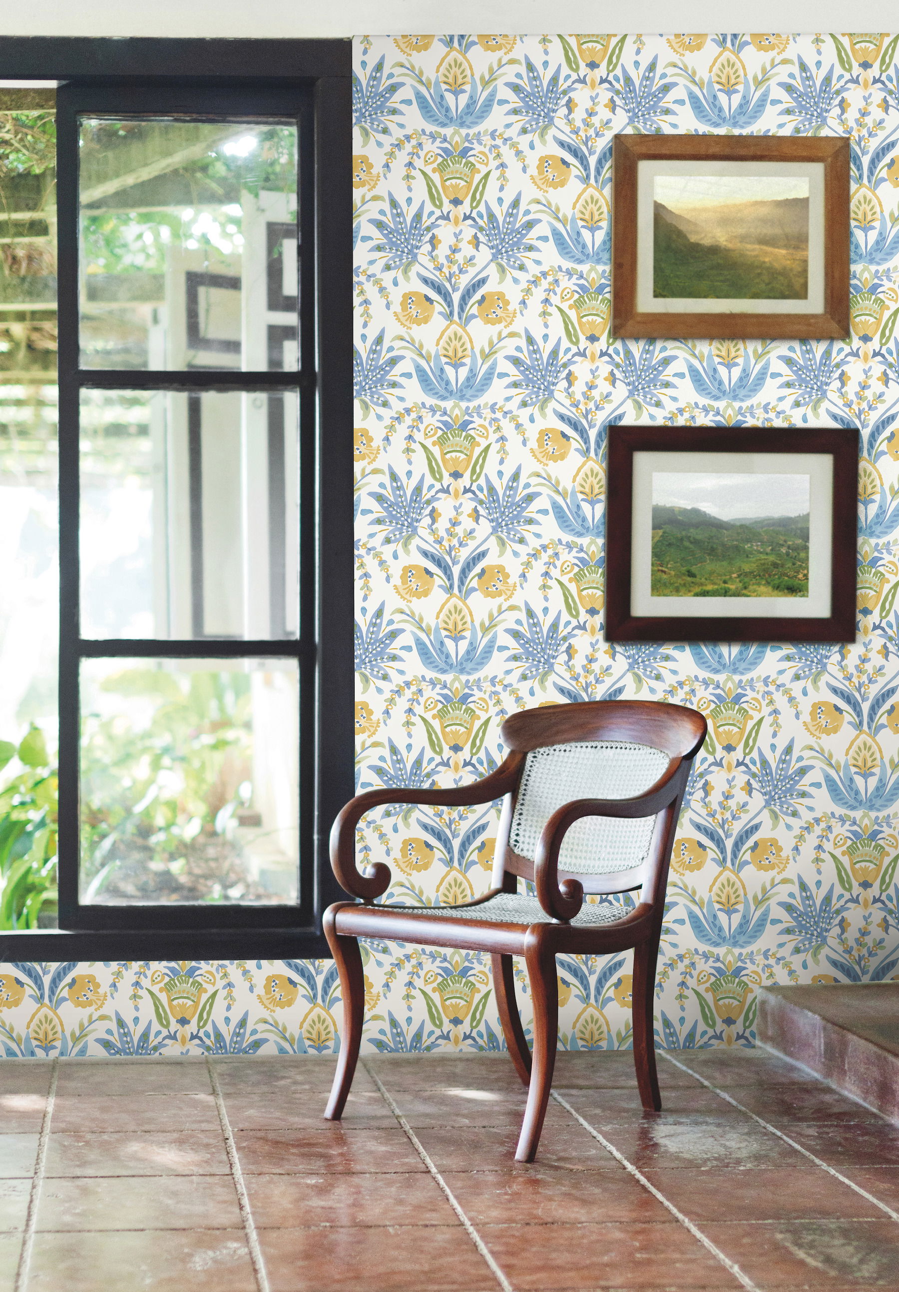Seaside Jacobean Yellow & Blue Wallpaper large image 