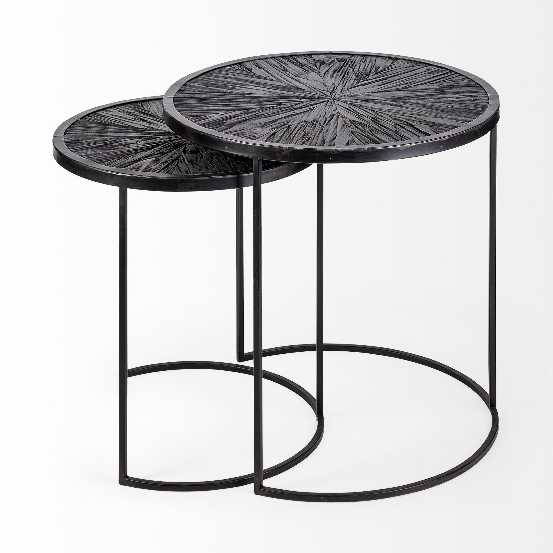Chakra 19.7' Set of Two Round Dark Wood Top Black Frame Accent Tables, Side & End Table by Mercana, 19.69" length x 19.69" width x 19.69" height View 4