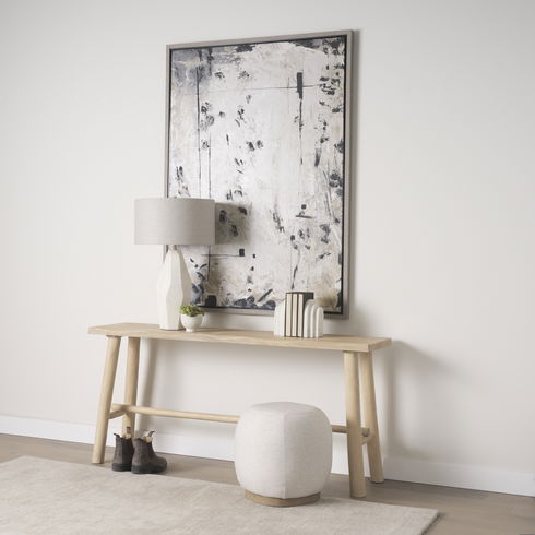 Siren Cream Fabric with Light Brown Wood Round Accent Stool