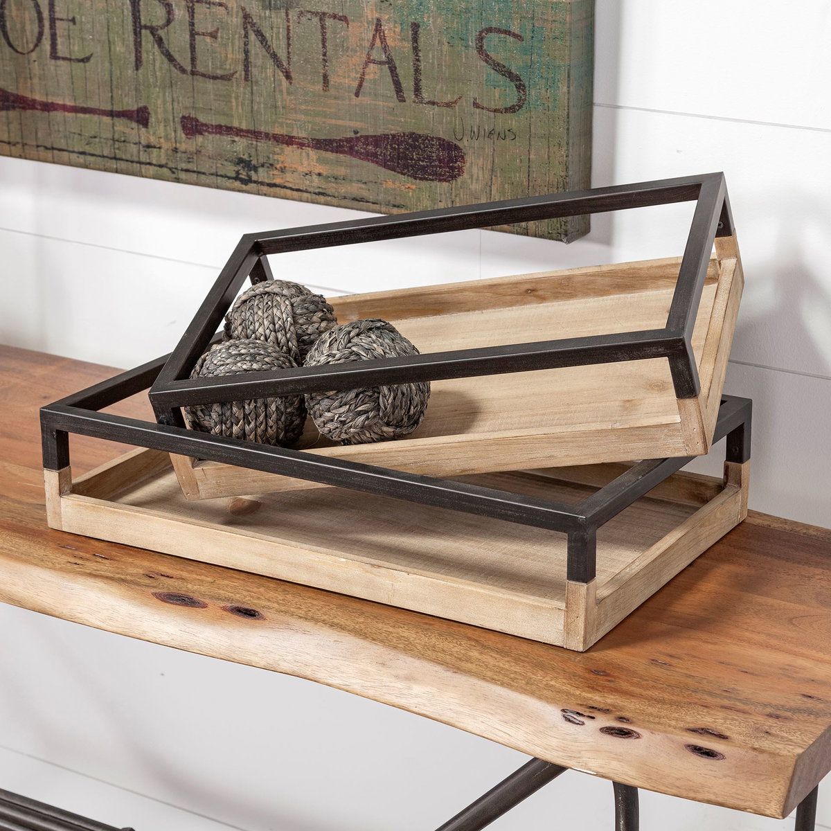 Ross Set of 2 Natural Wood with Black Metal Nesting Trays, Decorative Tray by Mercana, 18.9" length x 11.81" width x 4.25" height View 5