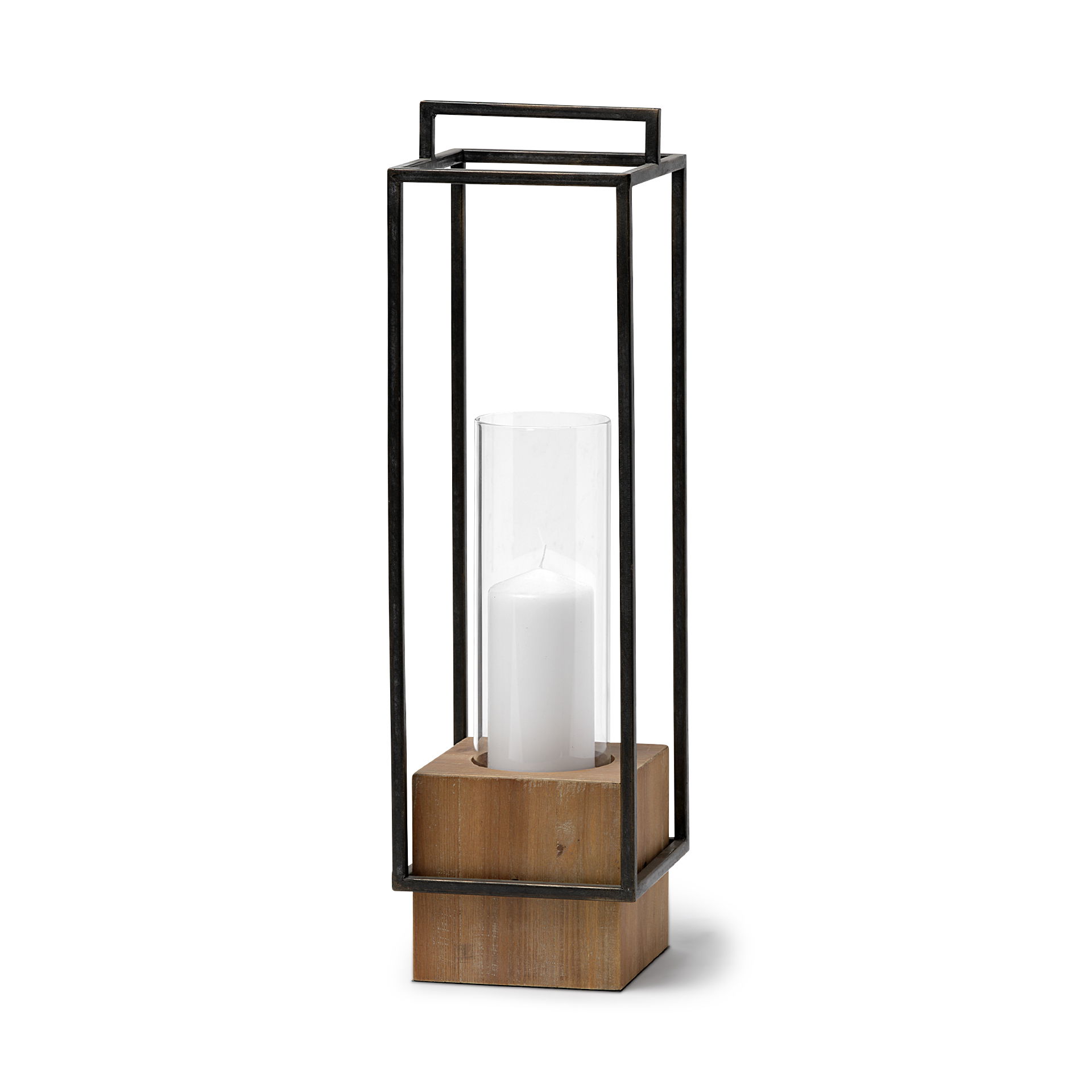 Orionis Large Wood with Black Metal Lantern Candle Holder, Lighting by Mercana, 6.69" length x 6.69" width x 23.82" height View 1