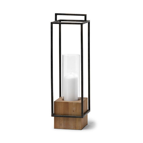 Orionis Large Wood with Black Metal Lantern Candle Holder