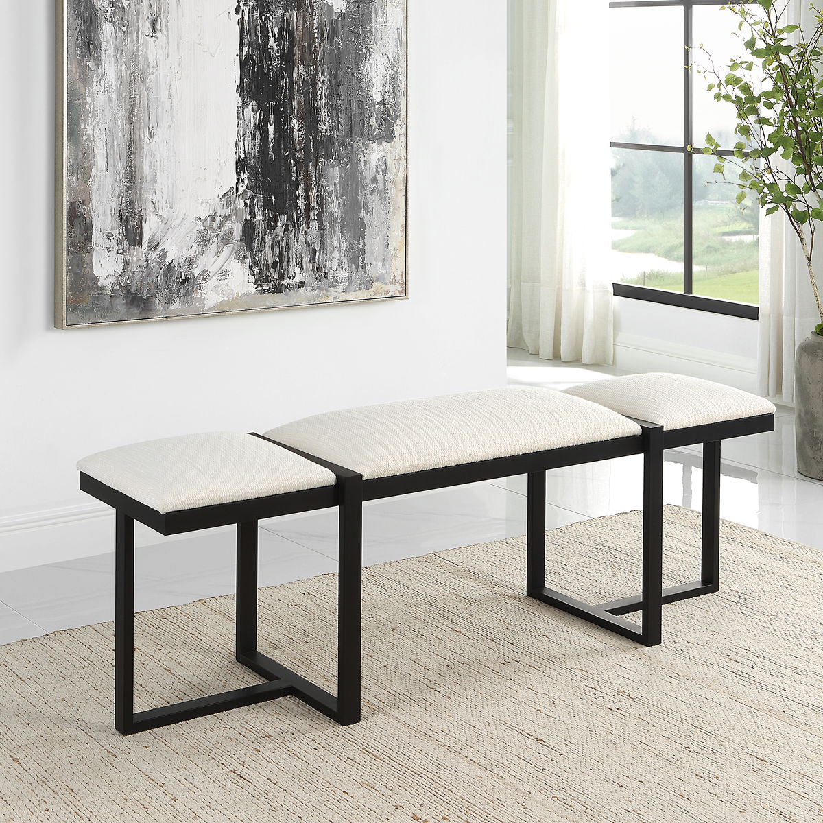 Triple Cloud Modern Upholstered Bench, Benche by Uttermost, 60.75" width x 22" height x 16" depth View 7