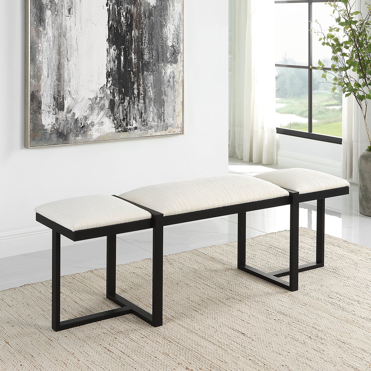 Triple Cloud Modern Upholstered Bench, Benche by Uttermost, 60.75" width x 22" height x 16" depth View 7