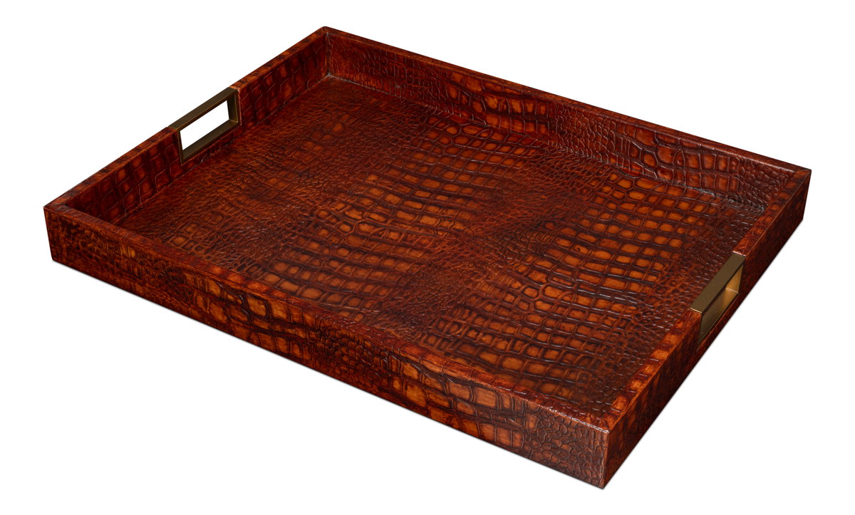 Norton Leather Tray  Croco Leather  Tan, by Sarreid, 1'6" length x 2' width x 2" height View 10