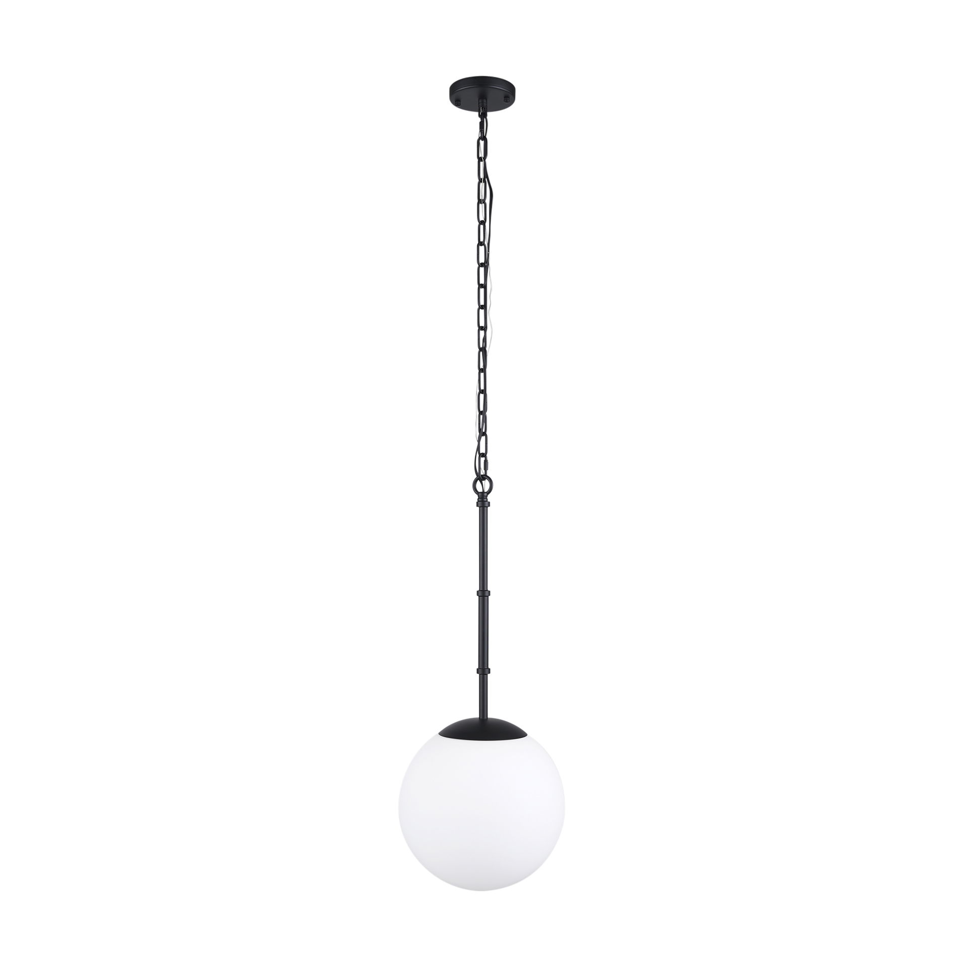 Edie Matte Black Metal with Frosted Glass Globe 1-Light Pendant, by Mercana, 12" length x 12" width x 54" height View 3