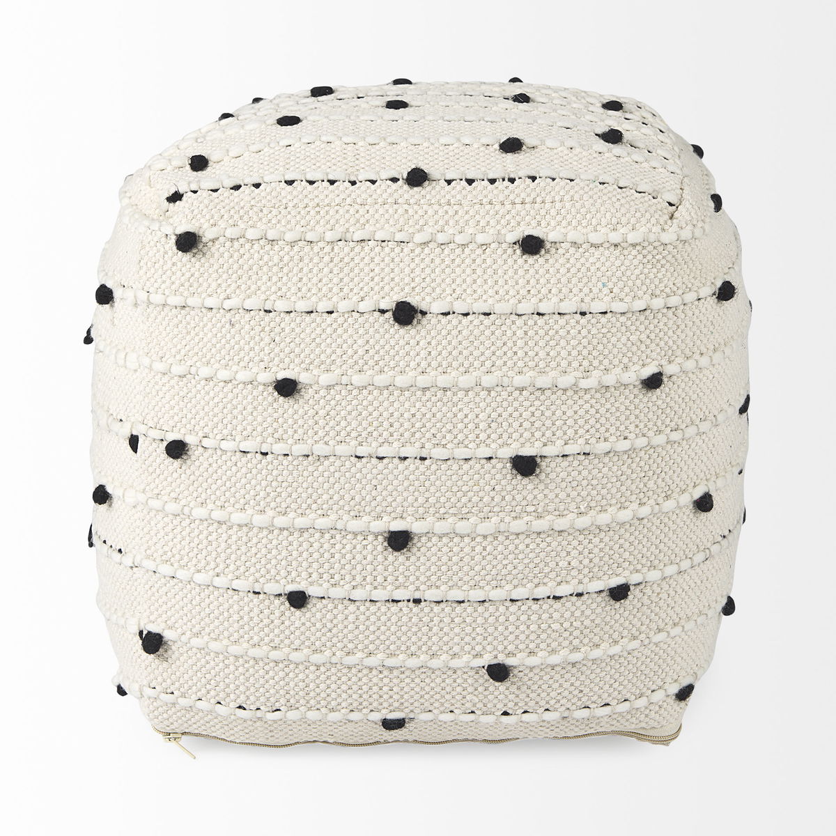 Amaira  Cream/Black/White patterned Wool and Cotton Pouf, Ottoman by Mercana, 16" length x 16" width x 16" height View 3
