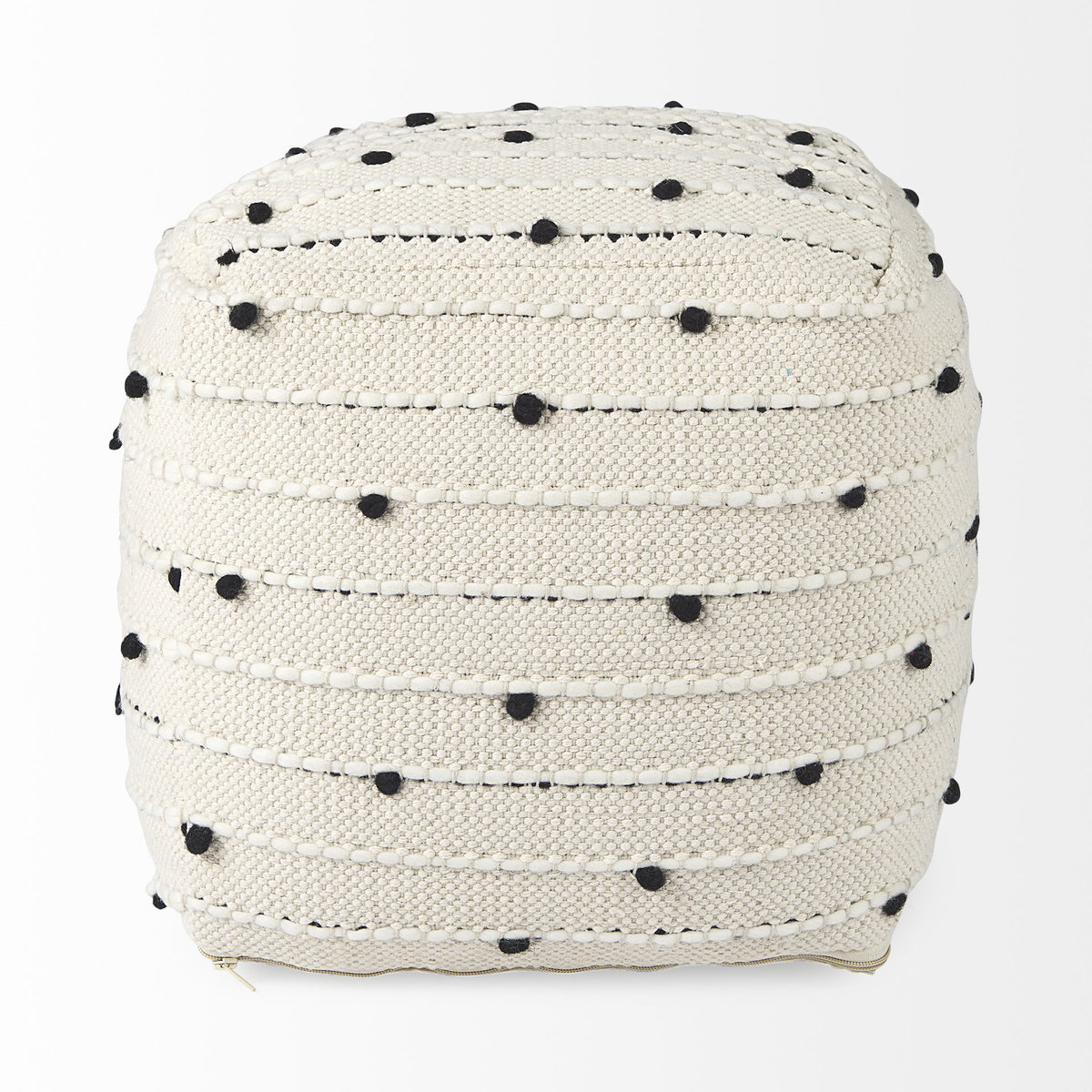 Amaira  Cream/Black/White patterned Wool and Cotton Pouf, Ottoman by Mercana, 16" length x 16" width x 16" height View 3