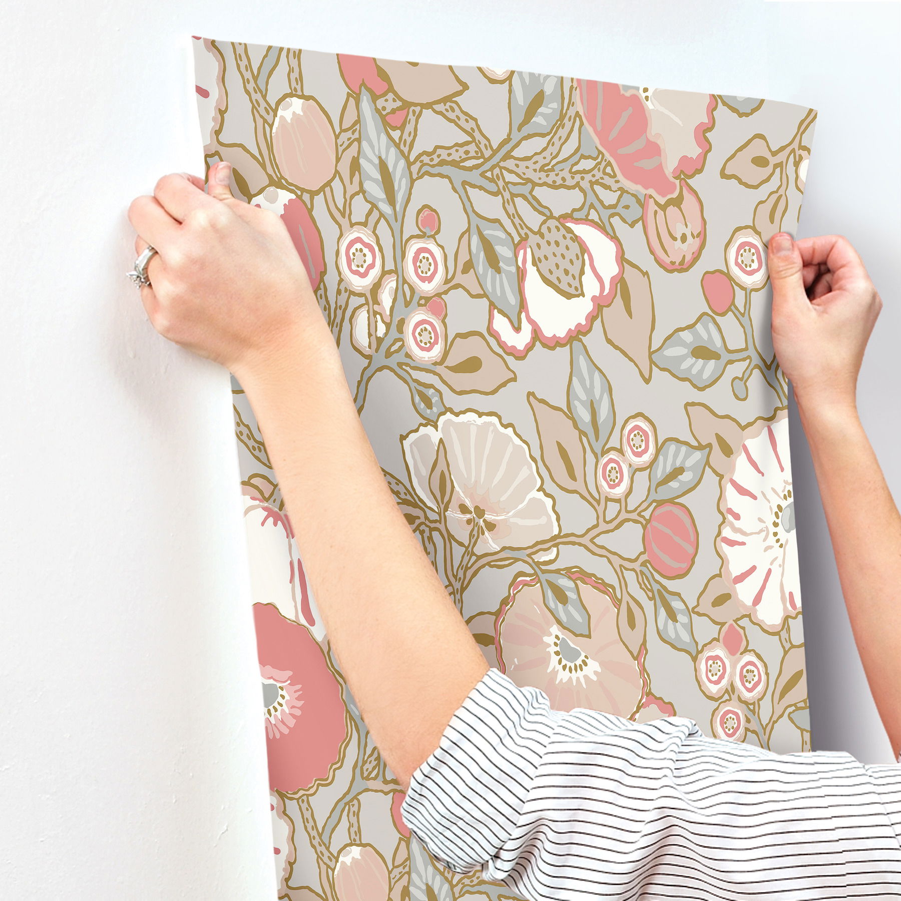 Poppies Grey & Pink Metallic Wallpaper large image 