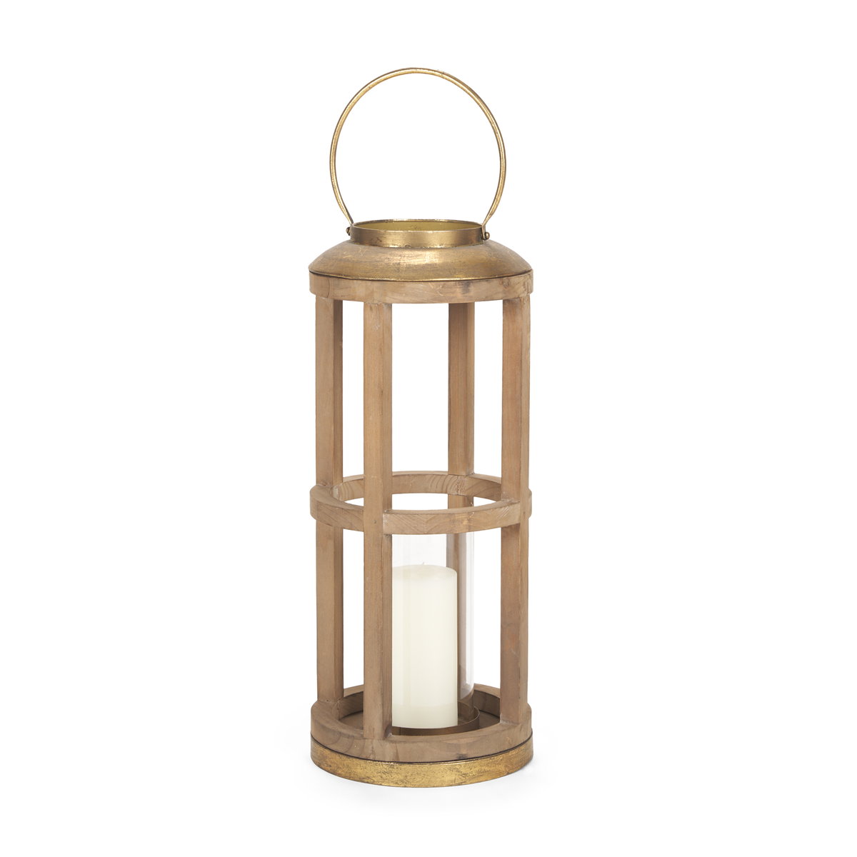 Andy II Small Natural Wood Cylindrical Lantern, Lighting by Mercana, 8.27" length x 8.27" width x 25.59" height View 1