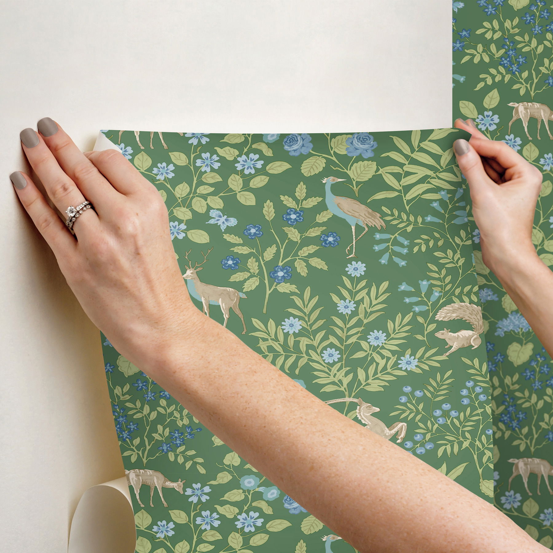 Woodland Floral Meadow Green Peel & Stick Wallpaper large image 