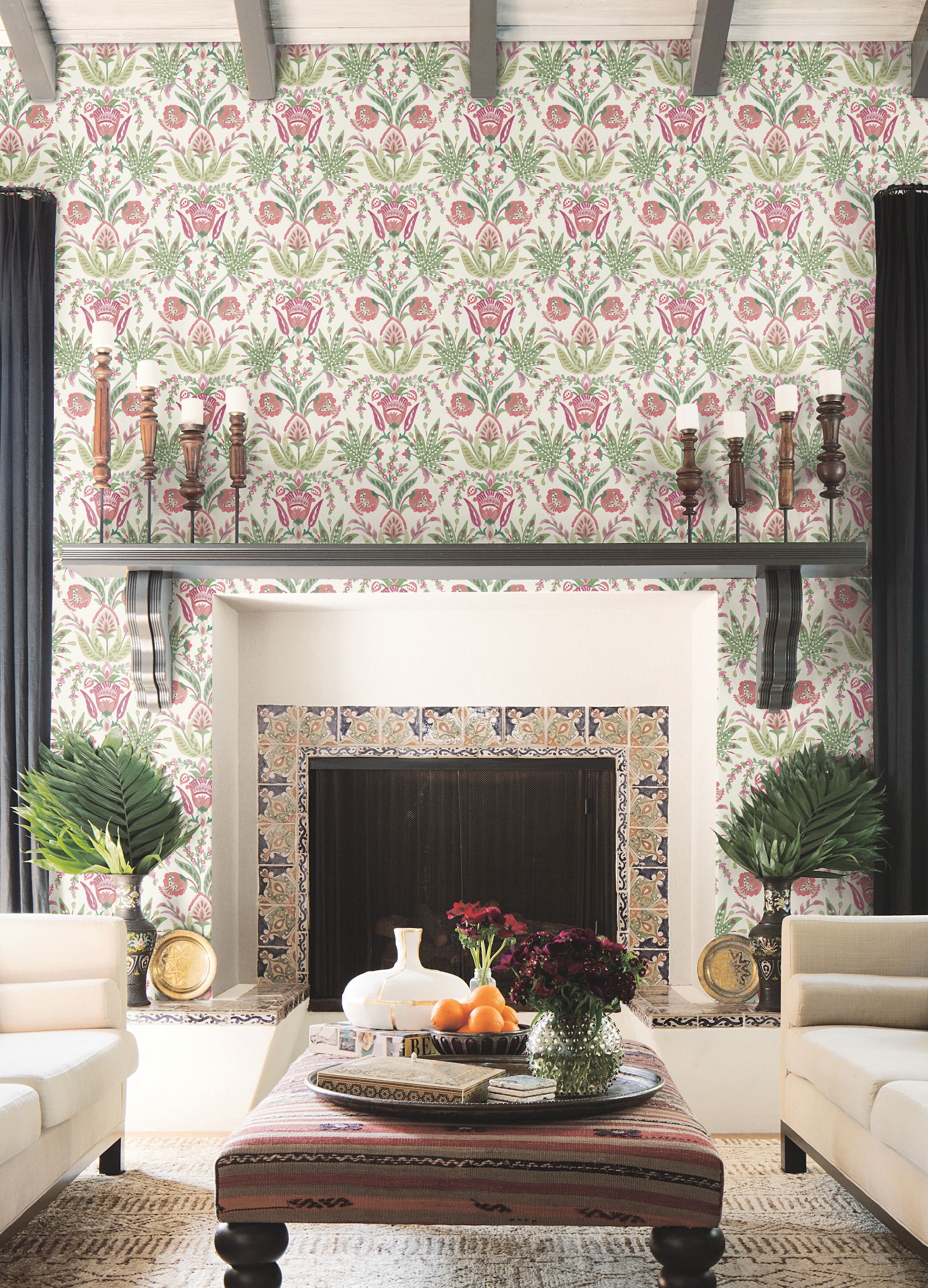 Seaside Jacobean Green & Red Wallpaper large image 