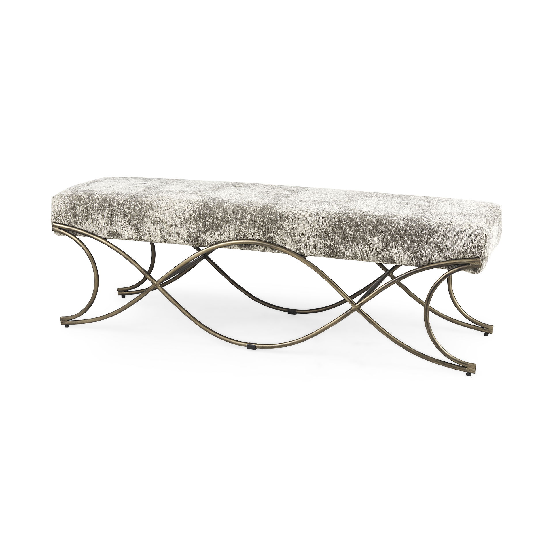 Ayla 55L x 17.6W x 18H Light and Dark Gray Fabric Seat with Antique Gold Metal Frame Bench, Benche by Mercana, 55" length x 17.6" width x 18" height View 1