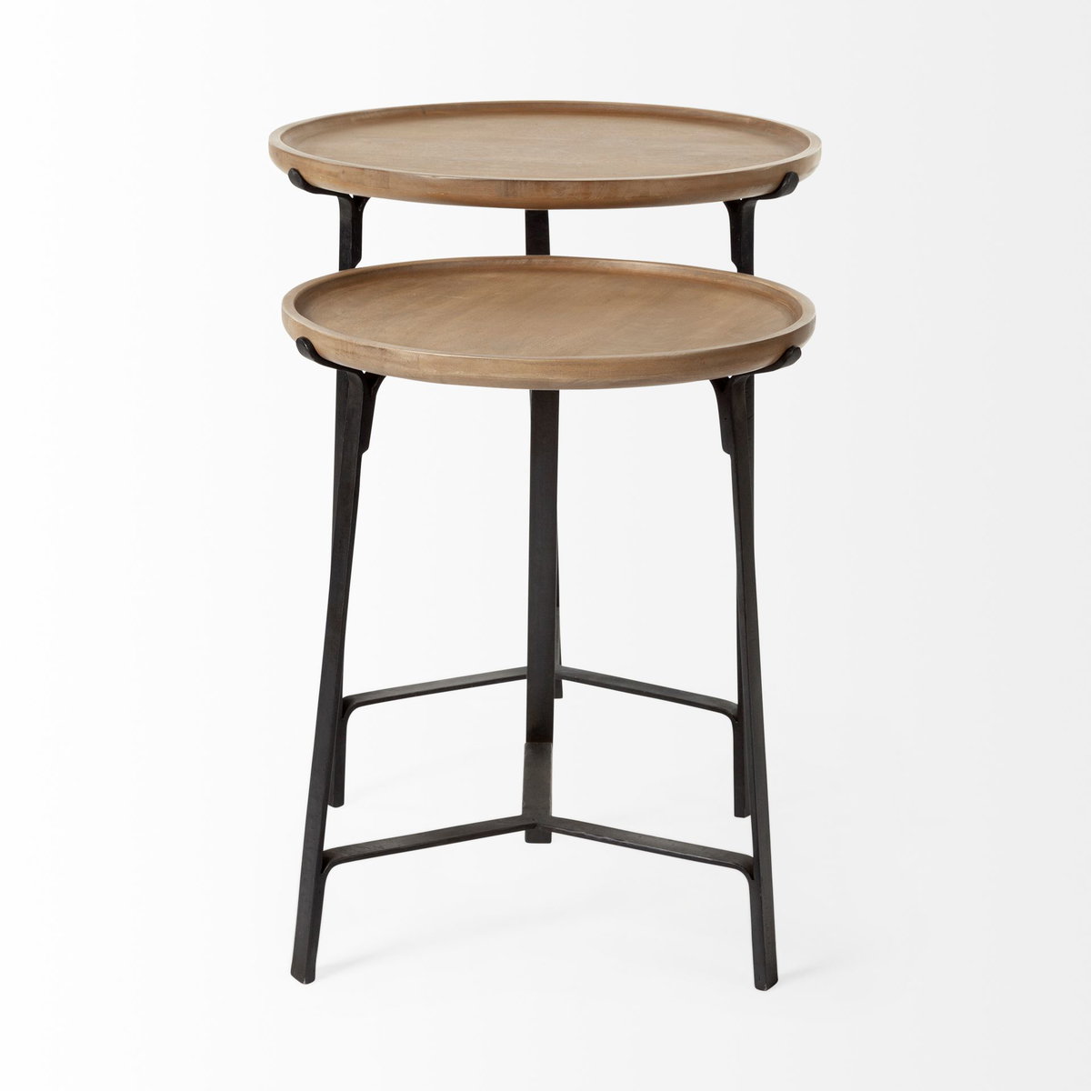 Helios III 20L x 24H Set of Two Round Brown Solid Wood Iron Base Nesting End/Side Tables, Side & End Table by Mercana, 20" length x 20" width x 24" height View 6
