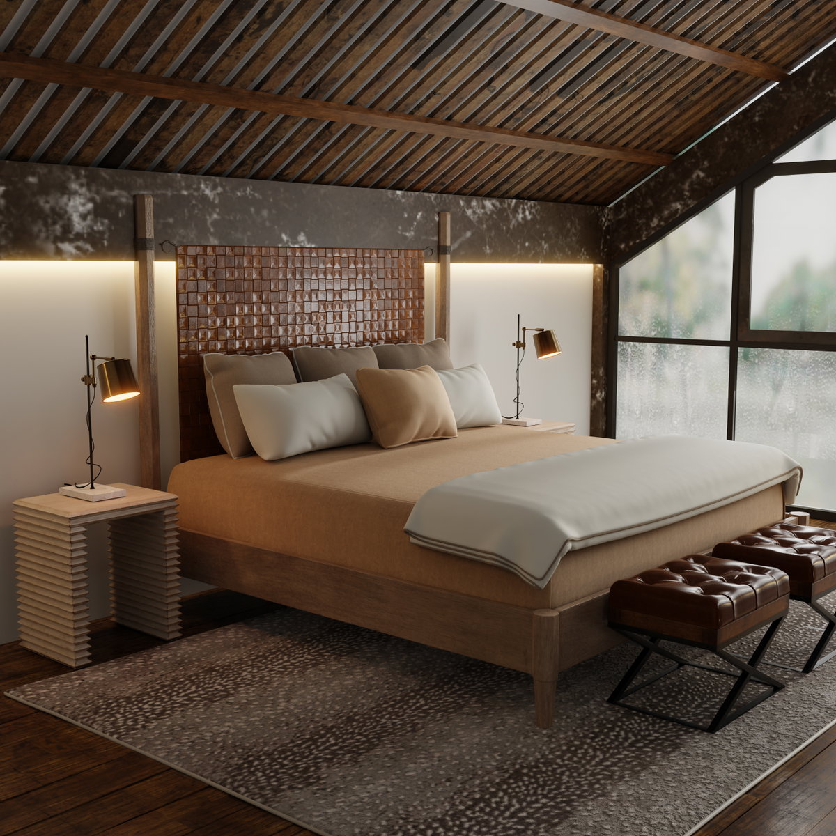 Marcus King Bed, by Sarreid, 7'3" length x 6'11" width x 6' height View 15