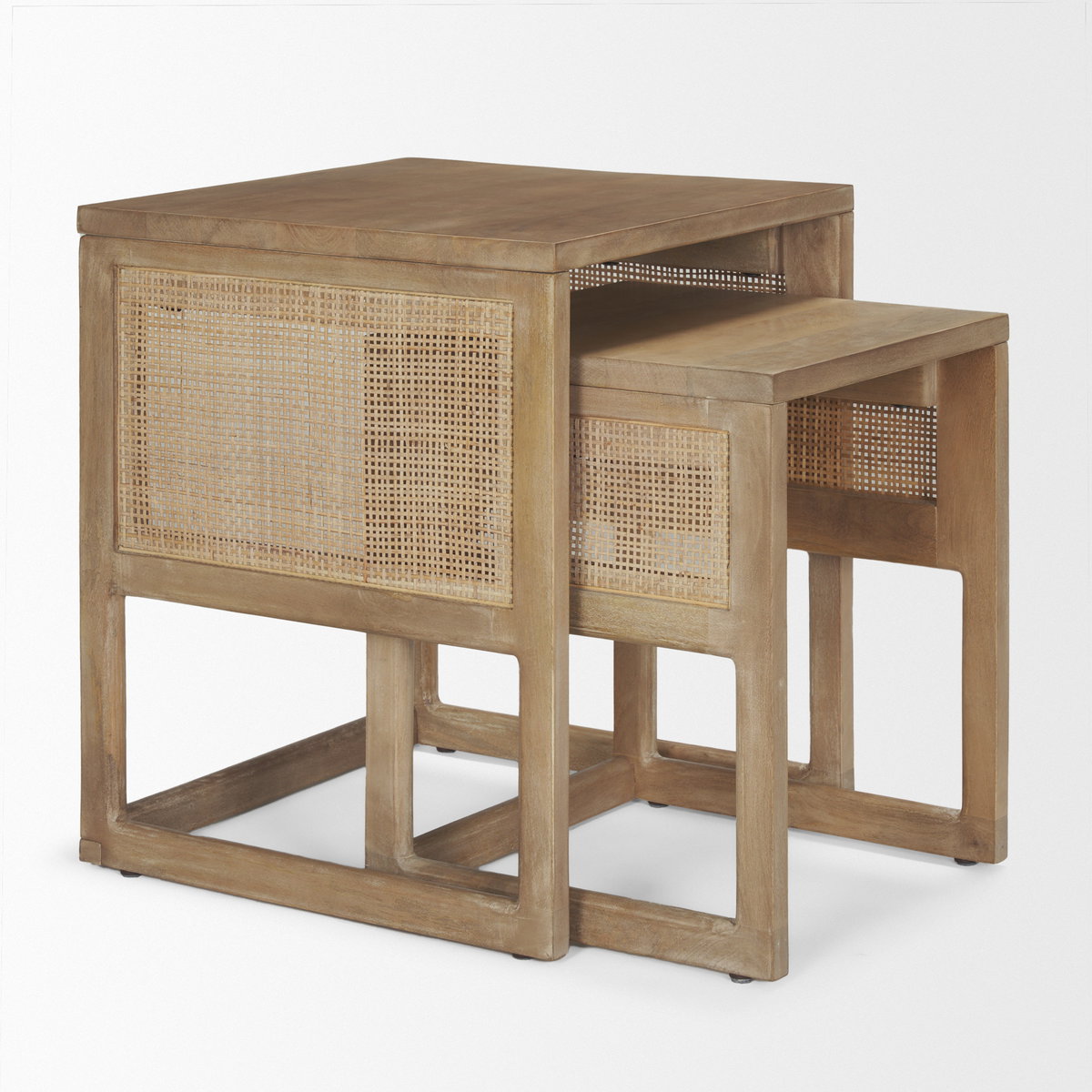 Grier Set of 2 Light Brown Solid Wood with Cane Nesting Accent Tables, Side & End Table by Mercana, 20" length x 20" width x 23" height View 8