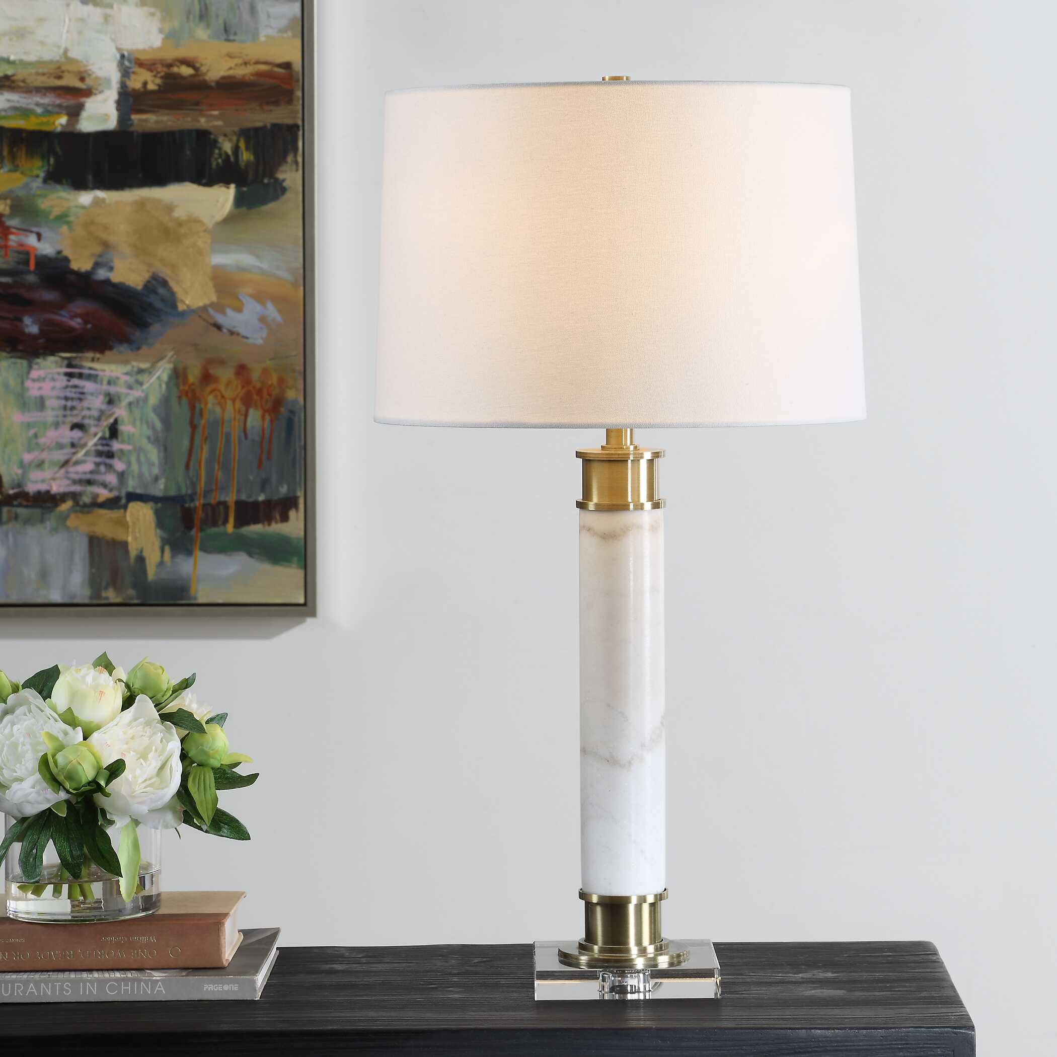 Plinth White Marble Table Lamp, by Uttermost, 15" width x 27.75" height x 15" depth View 2